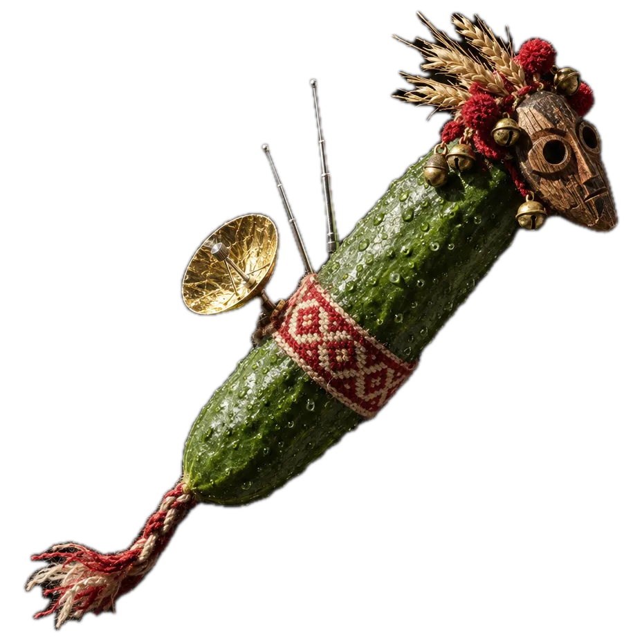 A cucumber in a carved folk mask and wheat crown, with antennas and an embroidered belt, drifting through space